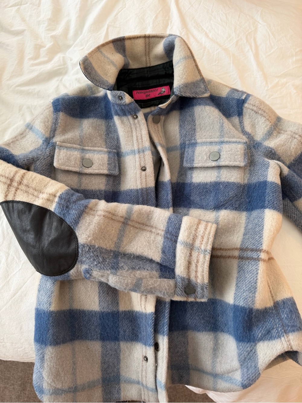 Blue and Cream Plaid Snap-Front Wool Jacket